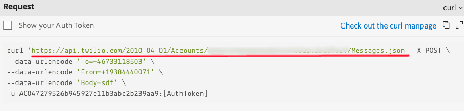 Finding the API URL in the Twillo console